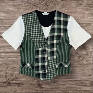 Vtg Sellecca Patchwork Top & Bib Tie Back Vest w/ Sleeves Flax 90s Academia Twee